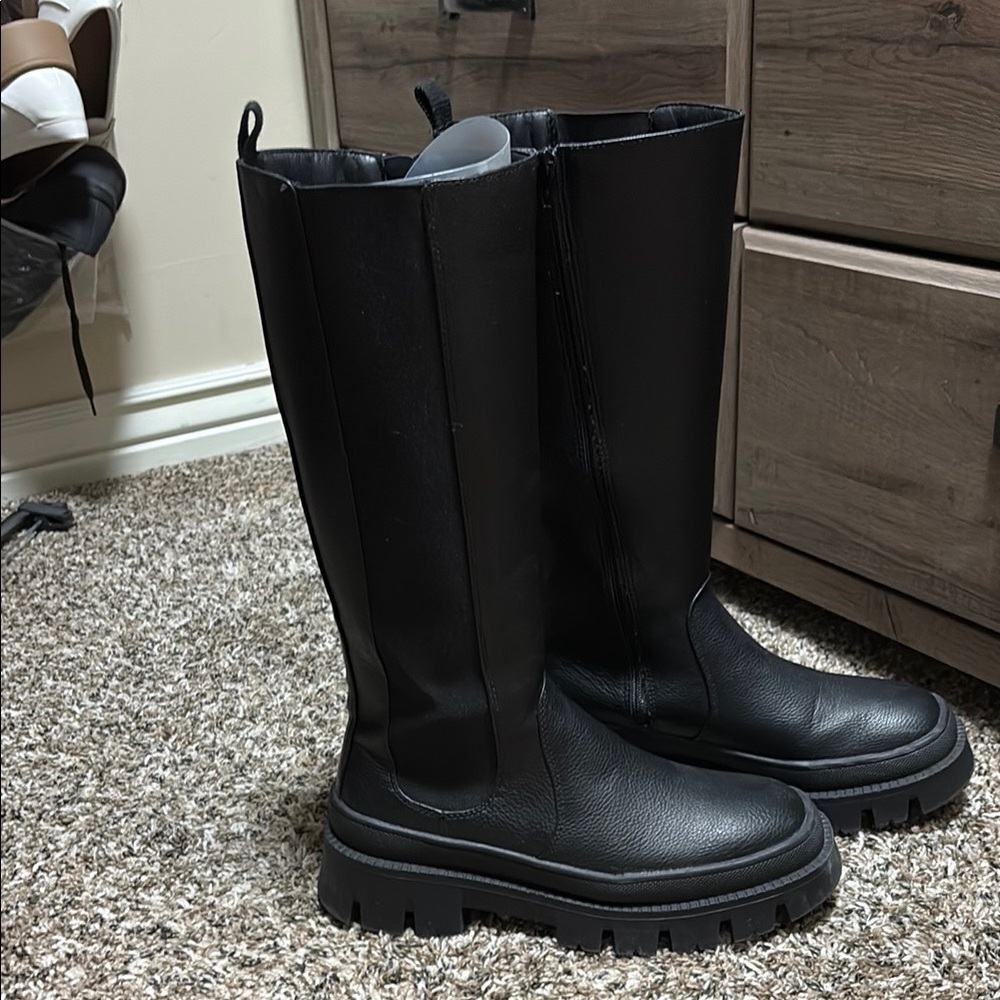 Sleek Black Tall Boots with Chunky Sole